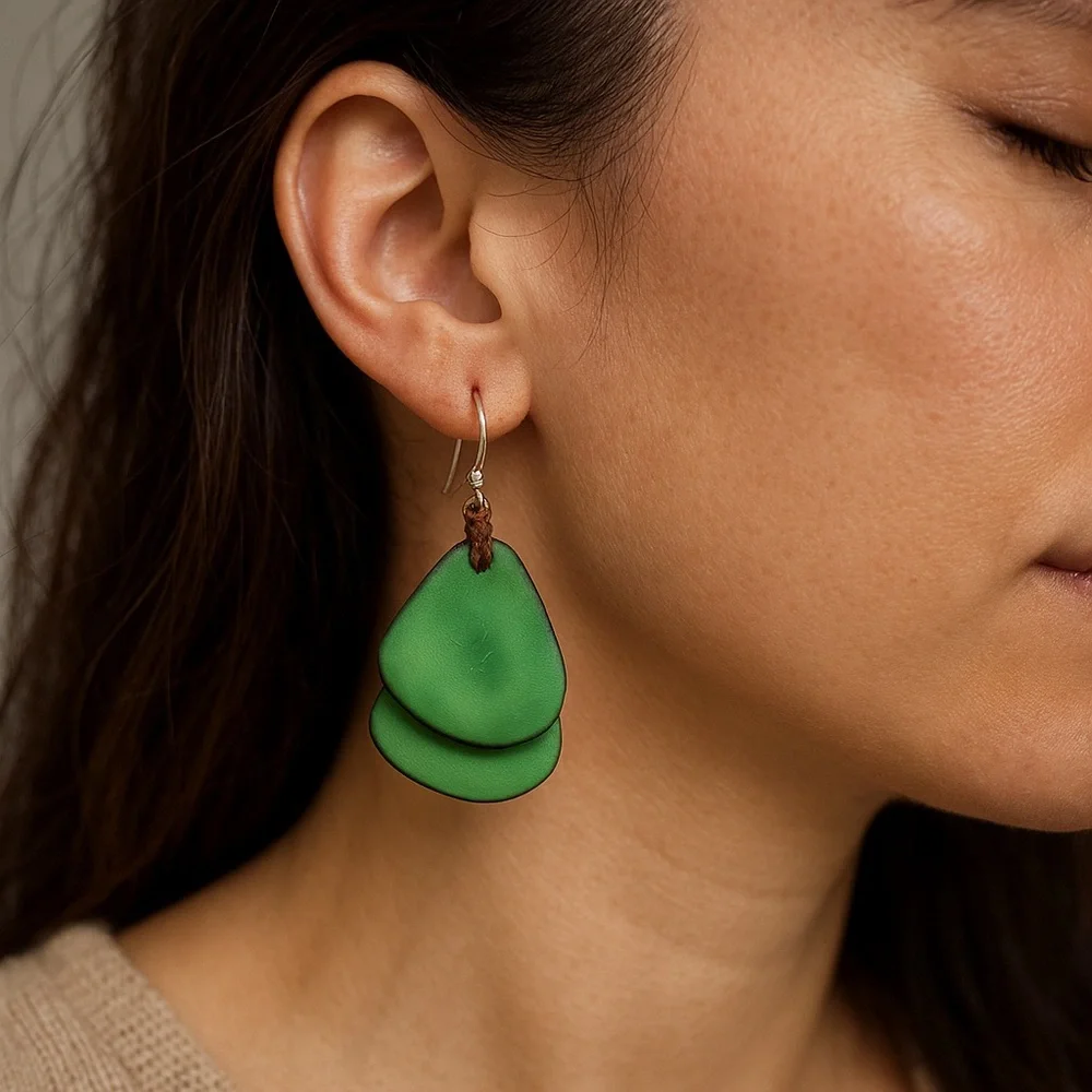 Dangle Earrings Vegetable Ivory Stone Green Handcrafted pierced 2” long